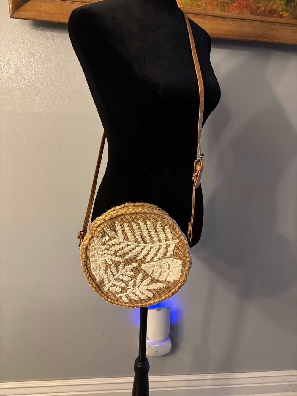 Antik Kraft Tan Woven Round Crossbody Bag with White Leaf Embroidery